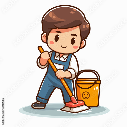 Illustration of a boy mopping the floor