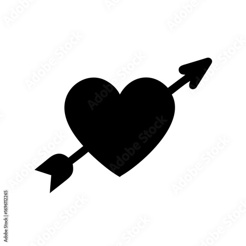 Black heart pierced by Cupid's arrow, symbol of love and romance
