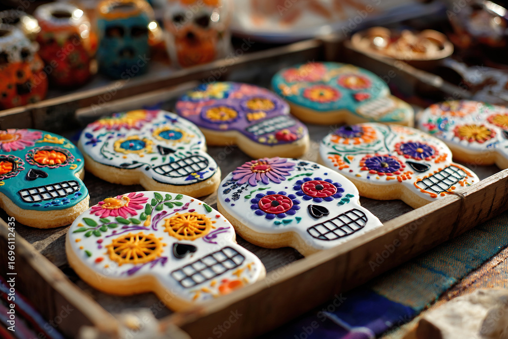 Fototapeta premium Mexican Skull Halloween Cookies. Skull-shaped cookies neatly stacked on a wooden tray