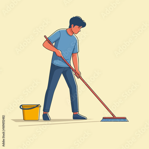 man cleaning floor with mop