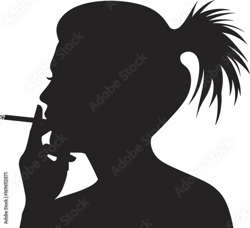 Silhouette of woman smoking cigarette, female profile side view illustration, addiction lifestyle concept, unhealthy habit design, dark background vector