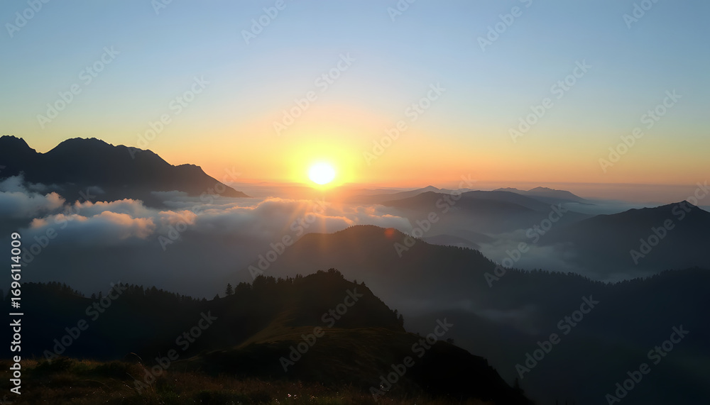 Fototapeta premium Breathtaking sunrise over misty mountains with soft clouds in morning 