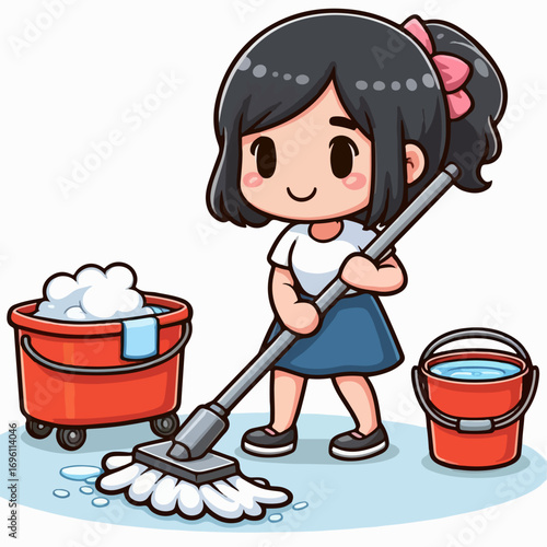Illustration of a girl mopping the floor