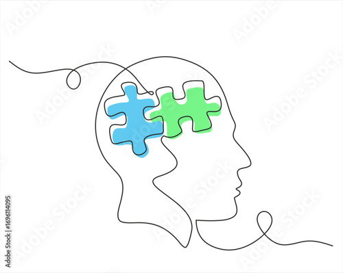 One continuous line drawing of head with puzzle. Mental health and mindfulness psychology concept in simple linear style. Memory concept in editable stroke. Hand drawn one line vector. 