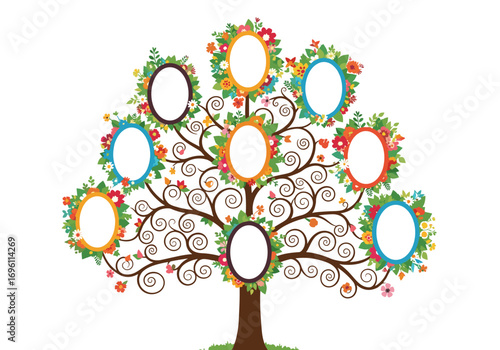 Beautifully decorated tree of life illustration with empty oval frames for family photos