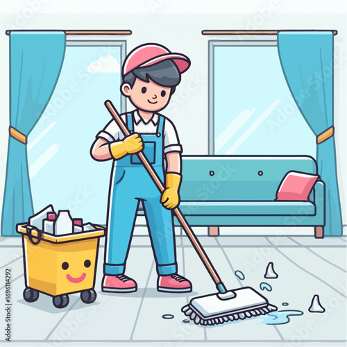 Illustration of a man mopping the floor