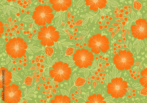 Vibrant orange floral botanical pattern with green foliage and berries scattered throughout