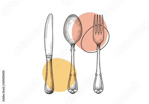 Elegant hand drawn sketch of silverware including a knife spoon and fork with abstract colorful shapes