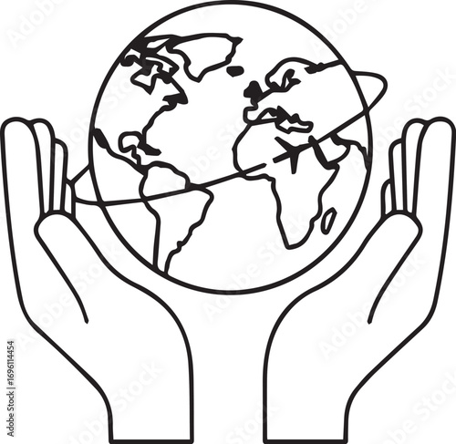 Two cupped hands gently cradle a stylized globe, with a thin line representing a flight path encircling the Earth.