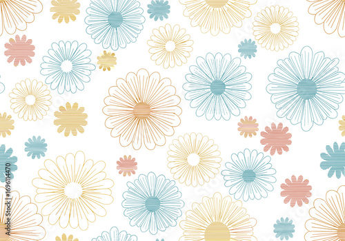 A delicate floral pattern featuring soft hues of yellow teal and coral on a white background