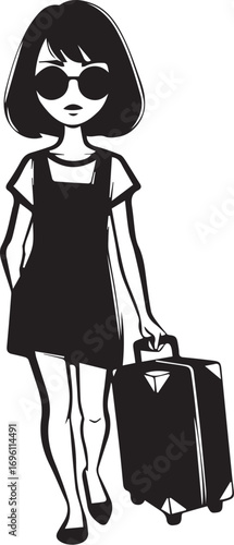 A stylish young woman in sunglasses and a dress walks with a suitcase, ready for a journey.