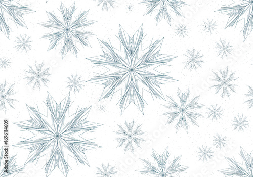 Beautifully intricate blue snowflake pattern on white background with subtle texture overlay capturing winter's delicate charm and frosty elegance