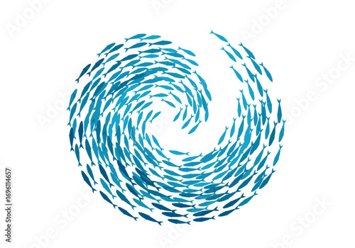 A mesmerizing swirl of tiny blue fish swimming in a circular schooling pattern underwater