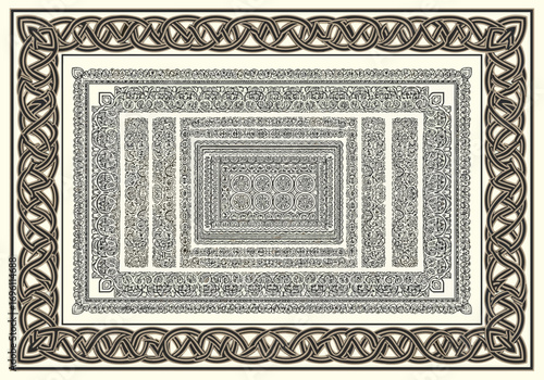 Intricate celtic knot border design with nested rectangular patterns and repeating abstract motifs