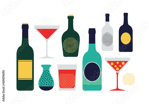 Collection of colorful alcoholic beverage bottles and cocktail glasses featuring abstract patterns and geometric designs