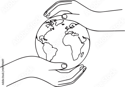 Two hands gently cradling and protecting a stylized depiction of planet Earth, symbolizing care and global stewardship.