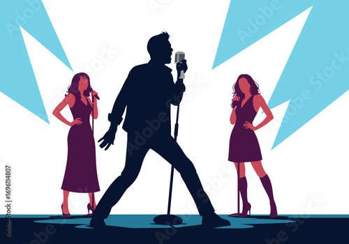 Dynamic male singer performing live on stage with two backup female vocalists showcasing energetic music performance