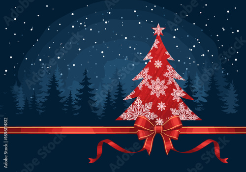 Festive red christmas tree decorated with snowflakes and a satin bow under a starry night sky with falling snow