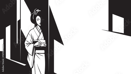 A stylized illustration depicts a geisha in a traditional kimono holding a letter, standing in a stark, geometric environment with dramatic light and shadow contrasts.
