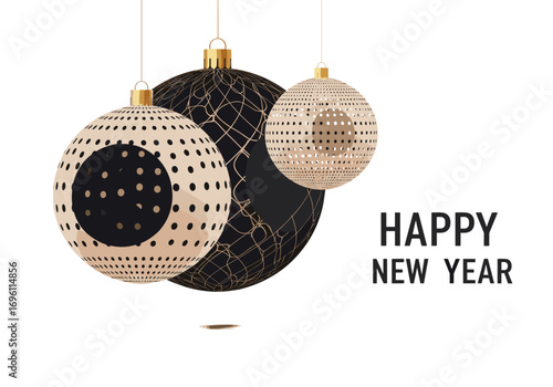 Elegant black and gold ornaments decorate a festive happy new year celebration background