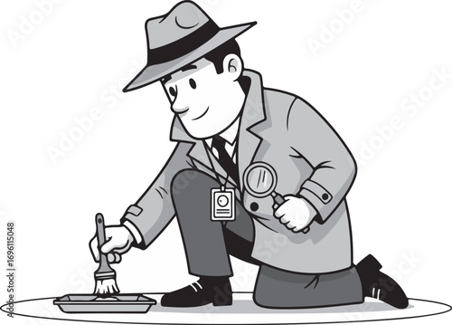 A cartoon detective in a trench coat and fedora hat kneels to examine a tray with a brush and magnifying glass, suggesting investigation or detail-oriented work.