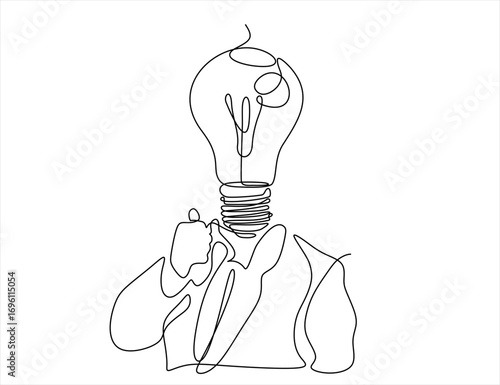 Continuous one line drawing of business man with bulb lamp head. Business idea. Huge glowing light bulb instead of head thinking, brainstorming. Hand drawn one line vector. Editable stroke