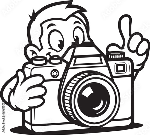 Cartoon character holding a vintage camera, pointing upwards with a playful expression, ready to capture a moment.