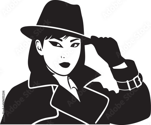 A mysterious woman in a fedora hat and trench coat, with a confident gaze, tipping her hat and looking directly at the viewer.