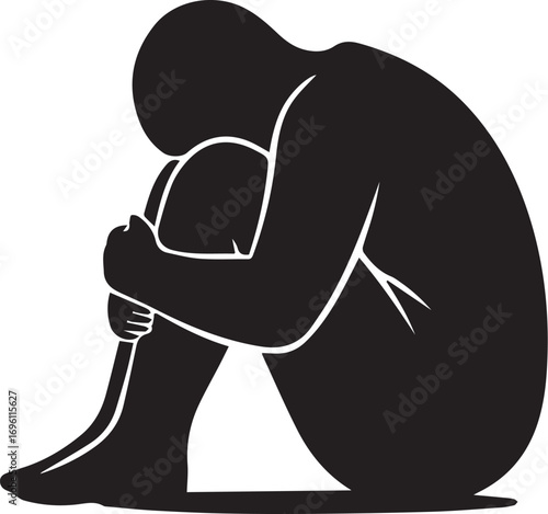 A stylized silhouette of a person curled up in a fetal position, conveying a sense of isolation and introspection.