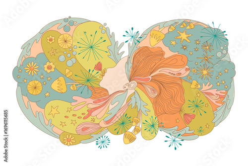 Surreal Psychedelic Illustration of Neurodiversity with Ear, Sound, and Red-Haired woman inclusion, sensory perception, autism, ADHD, and high sensitivity. A dreamy abstract composition  