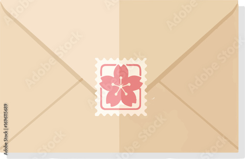 A closed, light brown paper envelope with a decorative postage stamp featuring a pink cherry blossom design in the center.