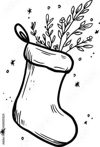 Hand drawn Christmas stocking filled with festive foliage, decorative linear style on transparent background