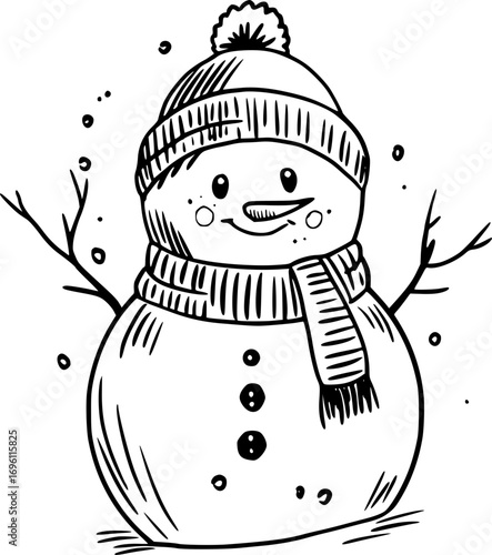 Hand drawn snowman with scarf, hat and stick arms, cheerful winter holiday character on transparent background