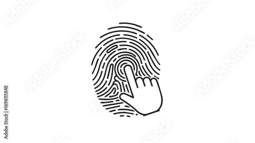 A stylized illustration of a human finger pressing down on a detailed fingerprint, symbolizing identification and security.