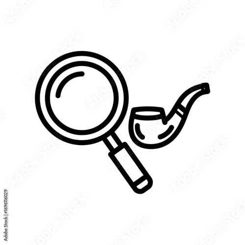 A black and white illustration featuring a magnifying glass and a smoking pipe.