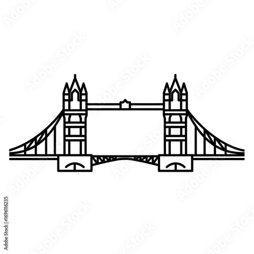 Simple black and white line drawing of the iconic Tower Bridge in London.