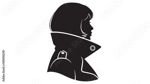 Silhouette of a woman's profile, wearing a stylish coat with a prominent collar, depicted in a bold black graphic against a white background.