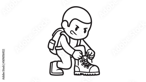 A determined cartoon character kneels to tightly lace up a sturdy hiking boot, preparing for an adventure.