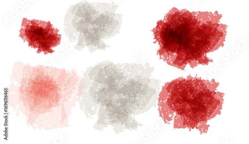An abstract arrangement of six watercolor-style blots in varying shades of red and gray, creating a textured, artistic composition on a white background.