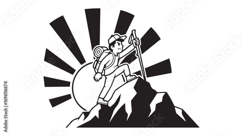 A stylized illustration depicts a determined hiker ascending a rocky mountain peak, holding trekking poles, with a radiant sunburst behind them, symbolizing ...
