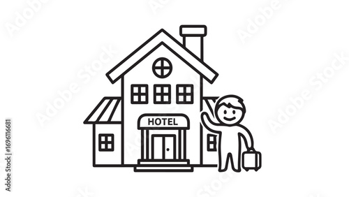 A stylized line drawing depicts a friendly person waving hello in front of a hotel building, holding a suitcase, ready for travel or arrival.