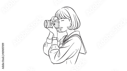 A young woman in a sailor-style uniform holding a camera to her eye, capturing a moment with focused concentration.
