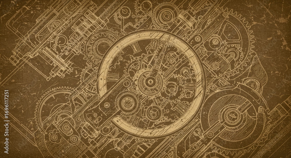 Naklejka premium Detailed mechanical design, intricate gears and cogs