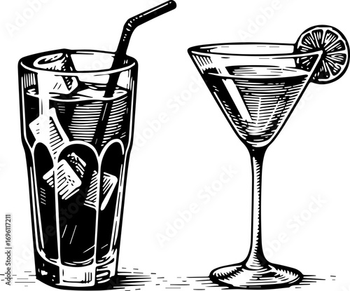Cocktails alcoholic. Vector engraving style illustration