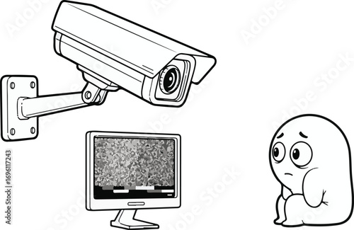 A cartoon illustration depicting a surveillance camera pointed at a small, worried ghost-like creature sitting next to a static-filled monitor.