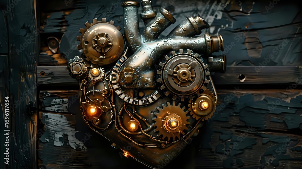 Fototapeta premium Steampunk mechanical heart with glowing brass gears, copper pipes, and vintage industrial elements against dark wooden background creates mysterious atmosphere.