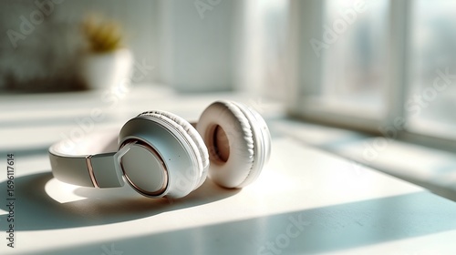 White wireless headphones on sunlit white table
