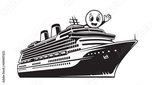 A cheerful cartoon character with a smiling face and waving hand peeks out from the top deck of a large, detailed cruise ship illustration.