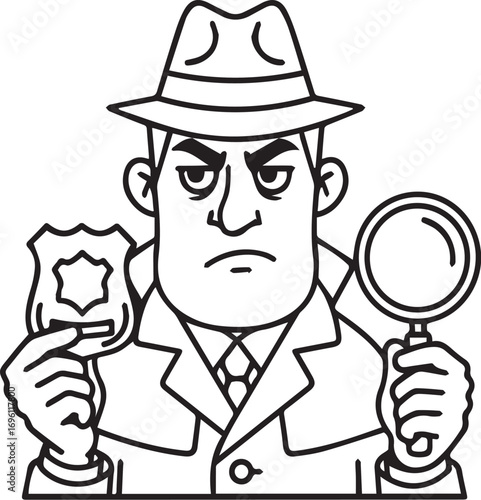 A stern detective in a fedora and trench coat holds a police badge and a magnifying glass, ready to investigate a mystery.