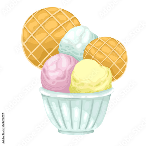 A delightful hand-drawn vector illustration of an ice cream sundae. This colorful dessert features scoops of various flavors, fresh strawberries, a crisp waffle, and a wooden spoon in a striped cup